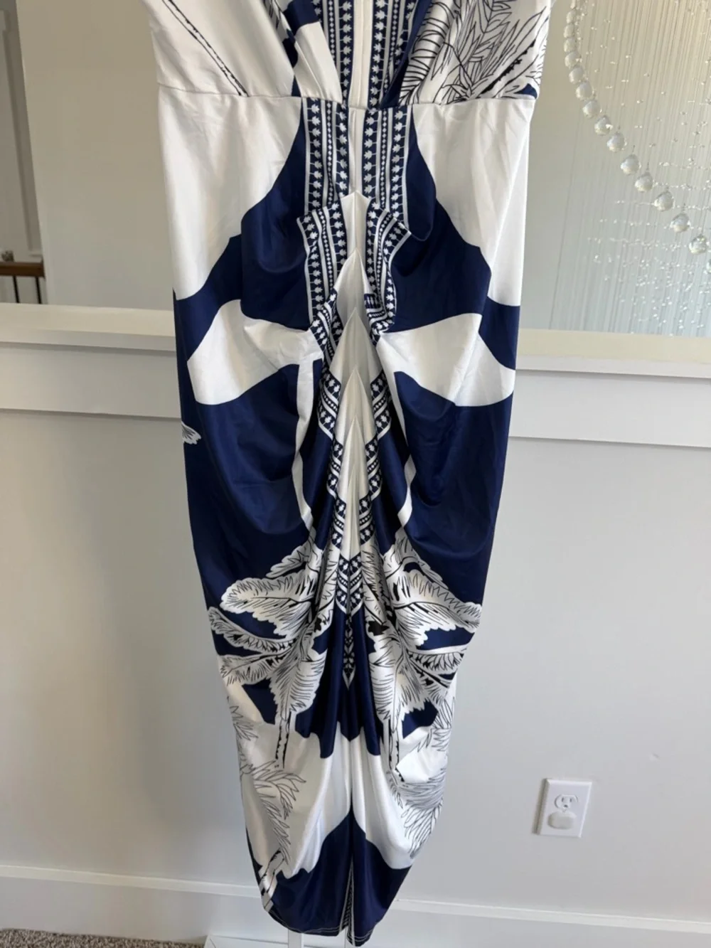 Commense Navy and White Tropical Print V Neck Ruched Dress - Picture 9 of 11